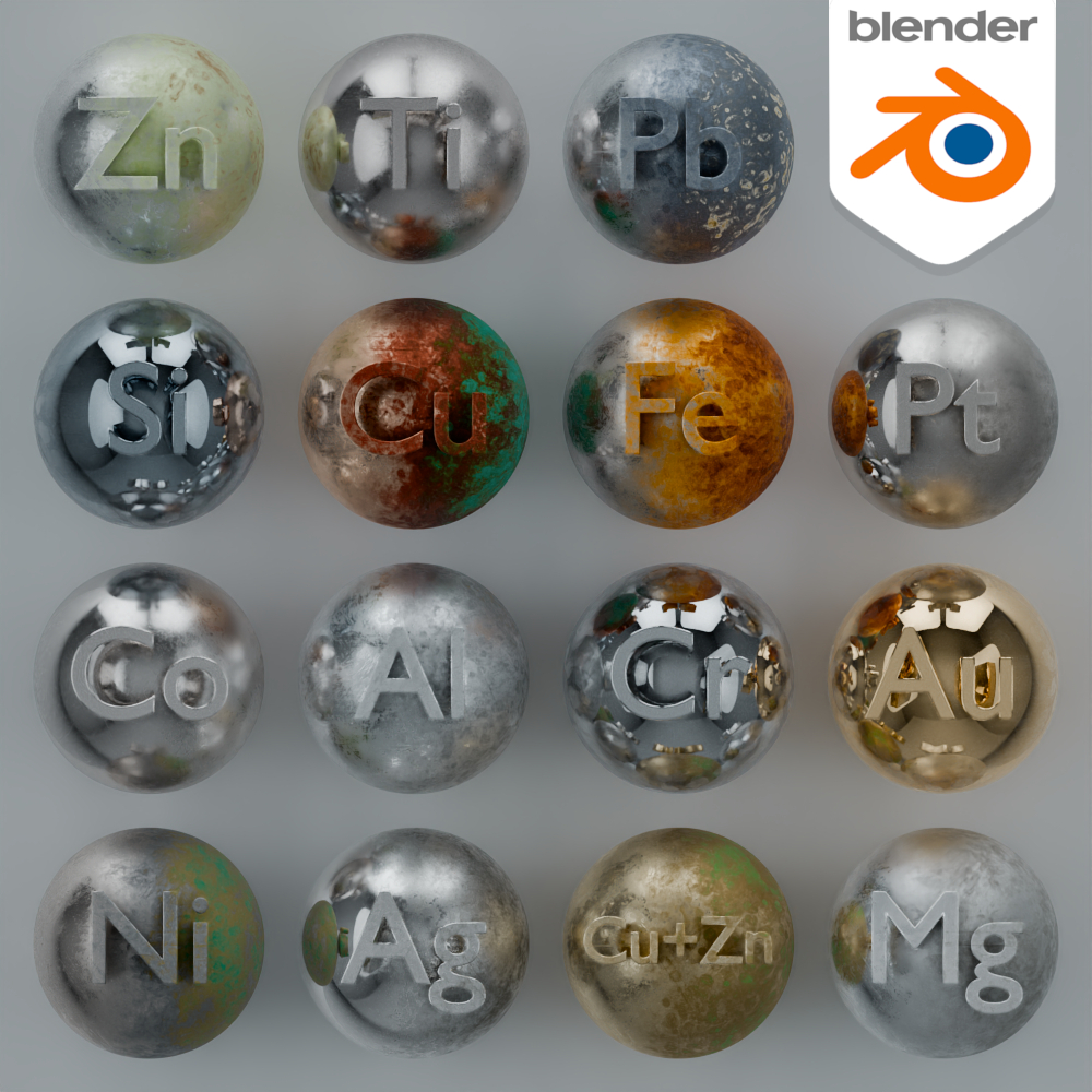 15 Metals with Rust and Physically Based Fresnel and Surface Imperfections Is PBR Blender Shader Collection